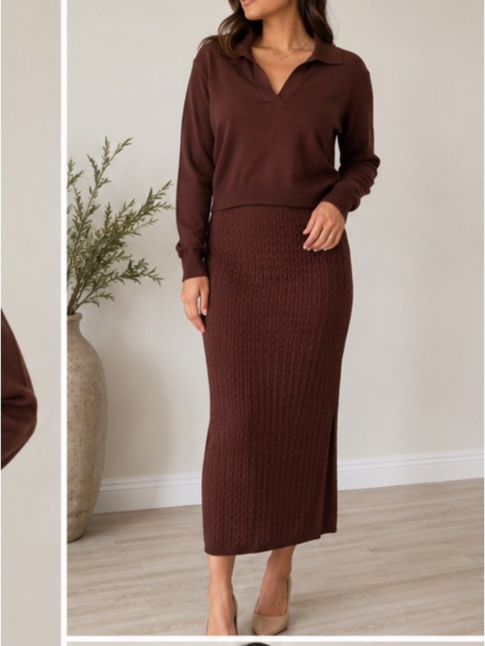 New Joie Chocolate Brown Knit 2 Piece Sweater & Midi Skirt Set L Textured Co-Ord